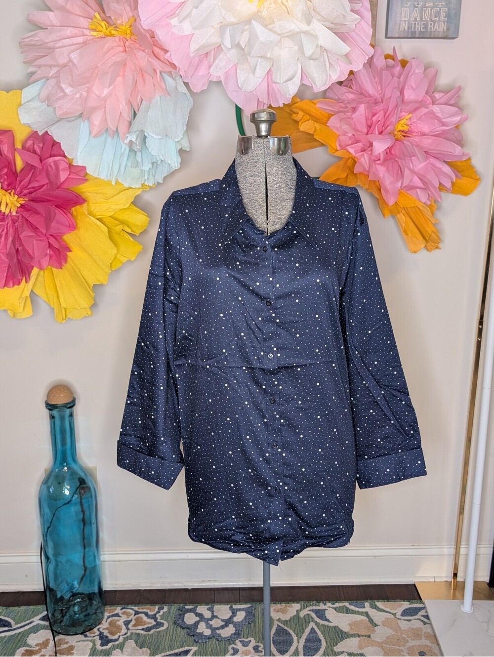 2133 - Chaps Navy Blue Polka Dot No Iron Button-Up Shirt 3X